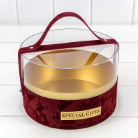 Коробка Круглая 21*14 бархатная с ручкой и прозрачной крышкой Бордовый 1/16 Арт: 720102/1