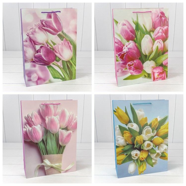 Пакет подарочный с блёстками "Тюльпаны" (микс 311) 30*41,5*12 210г 1/20 1/80 Арт: 000311A