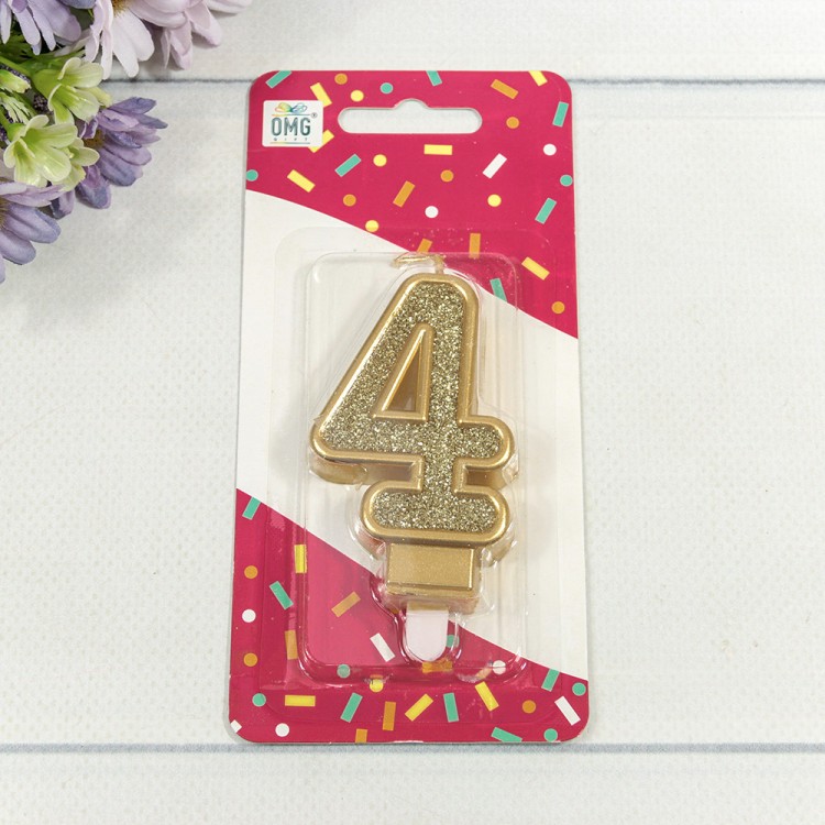 Свеча для торта Цифра 4 с блёстками 7см Золотой 1/12 1/120 Арт: 20010-81/4