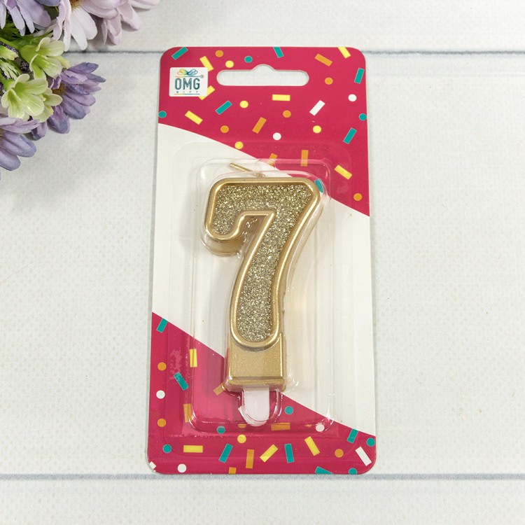 Свеча для торта Цифра 7 с блёстками 7см Золотой 1/12 1/120 Арт: 20010-81/7